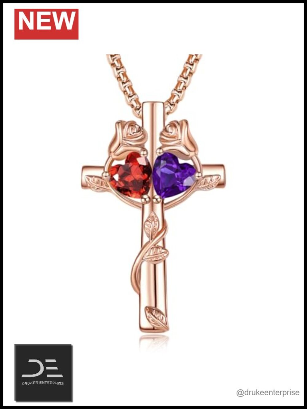 Rose Gold Cross Necklace with 2 Birthstones Pendant 22in Adjustable